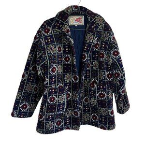 Vintage 80s/90s Navy Wool Blend Floral Granny Square Cottagecore Fur Teddy Coat